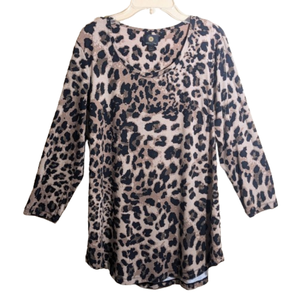 JM Collection Top Tunic Brown Black Leopard Print Long Sleeves Size Small